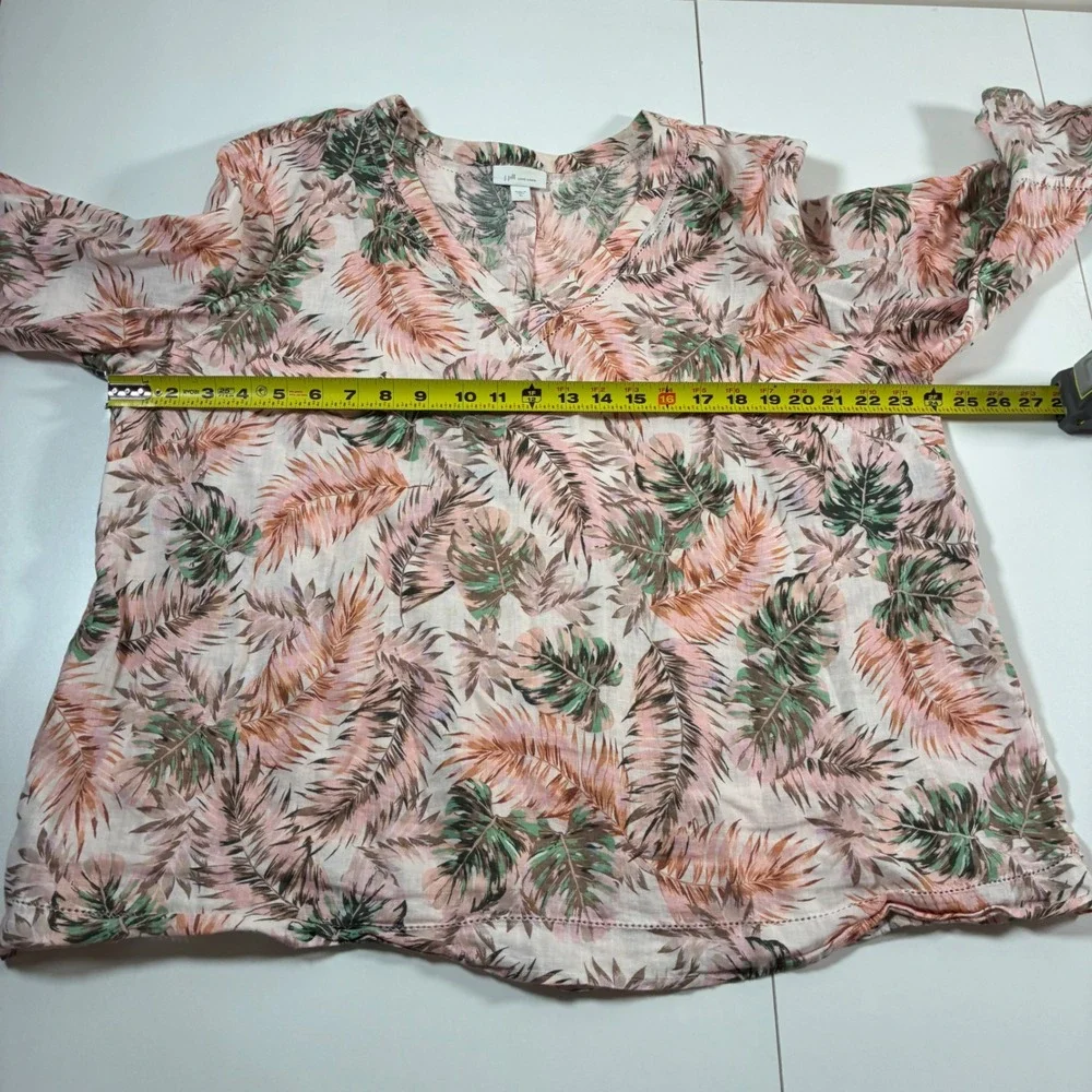 J. Jill Love Linen Blouse Women XL Pink Green Tropical Palm Leaf V-Neck - Picture 6 of 9